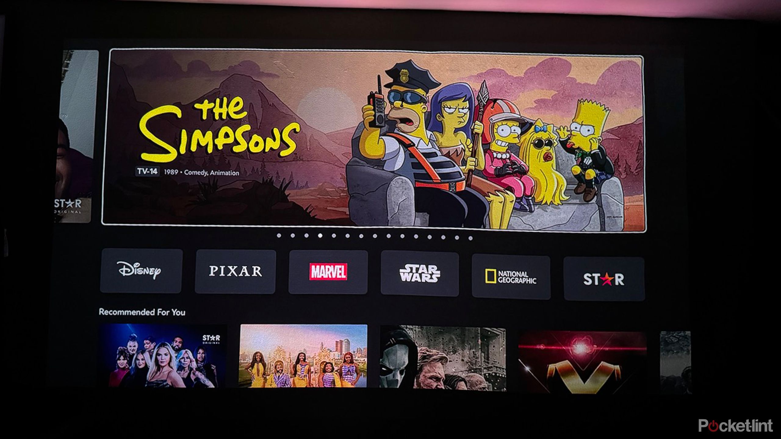 Disney Plus home screen on Samsung Premier 5 Projector