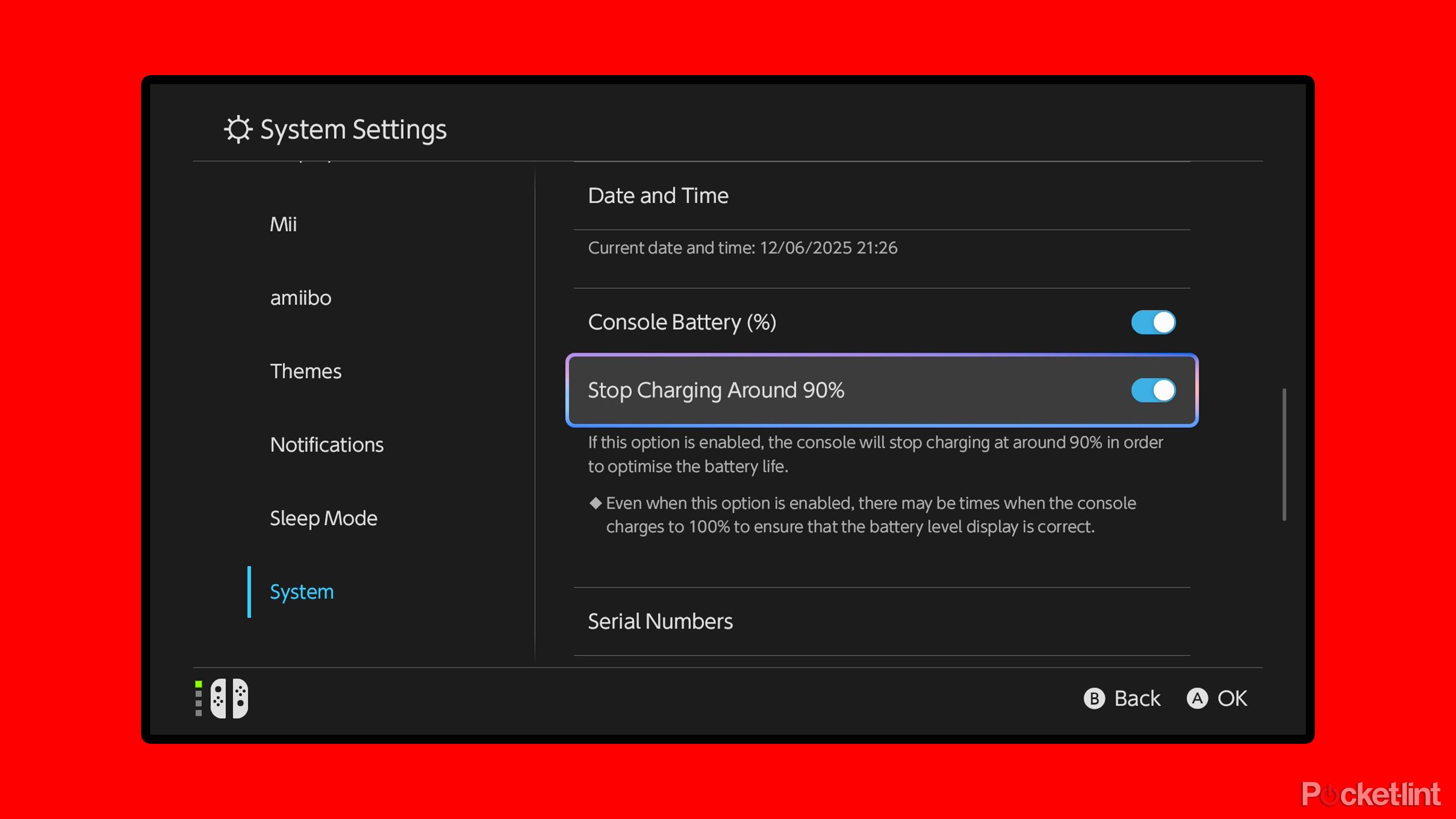 Switch 2 90 percent charge limit setting.