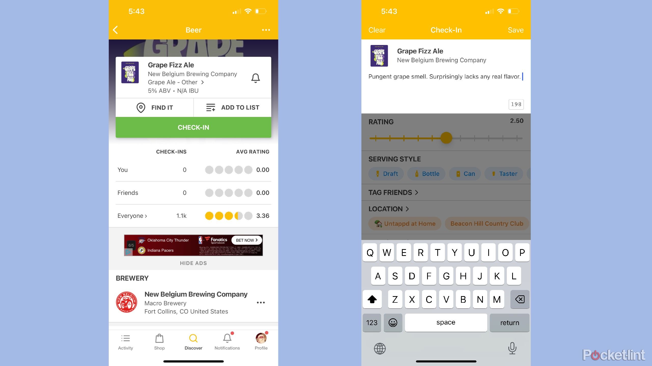untappd checking in a beer and writing a comment