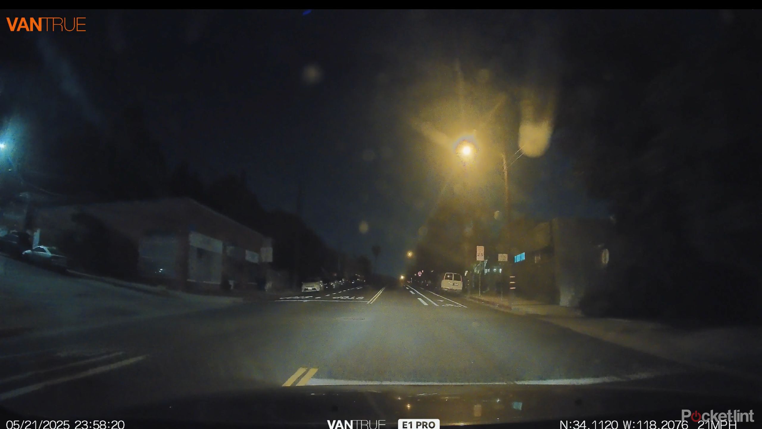 A screenshot of a dashcam recording at night.
