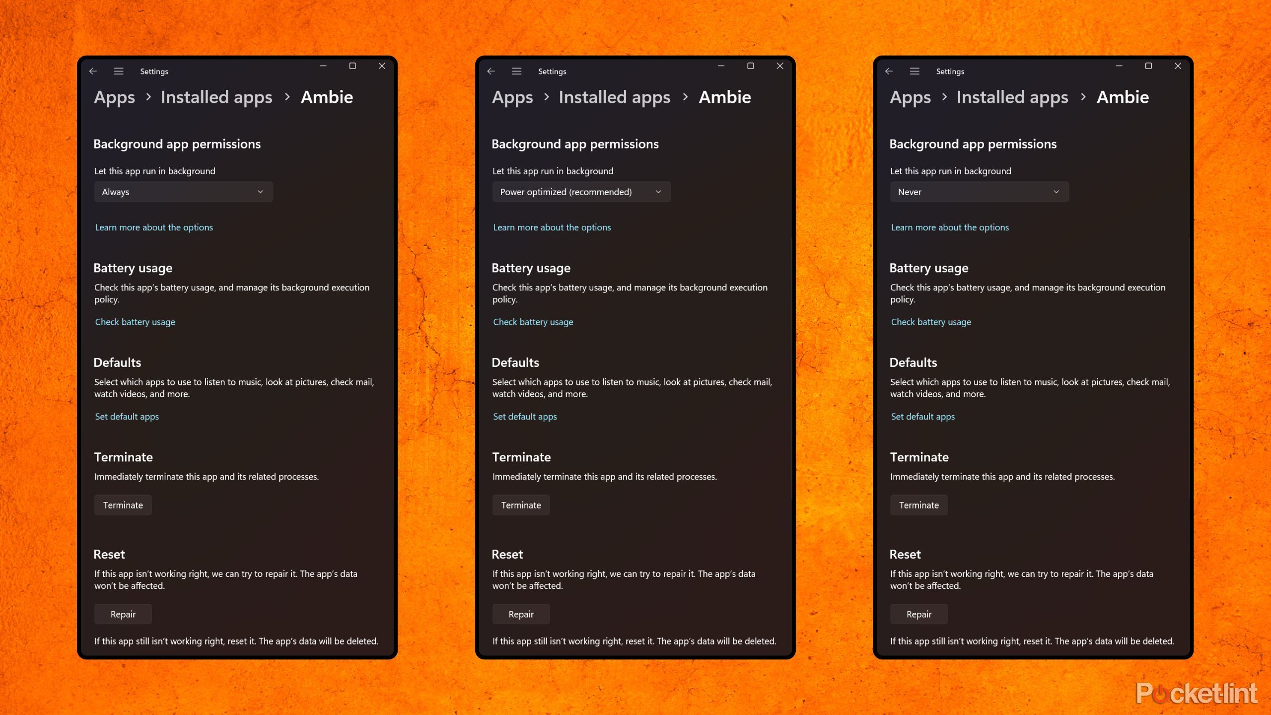 Windows 11 background app permissions screenshots