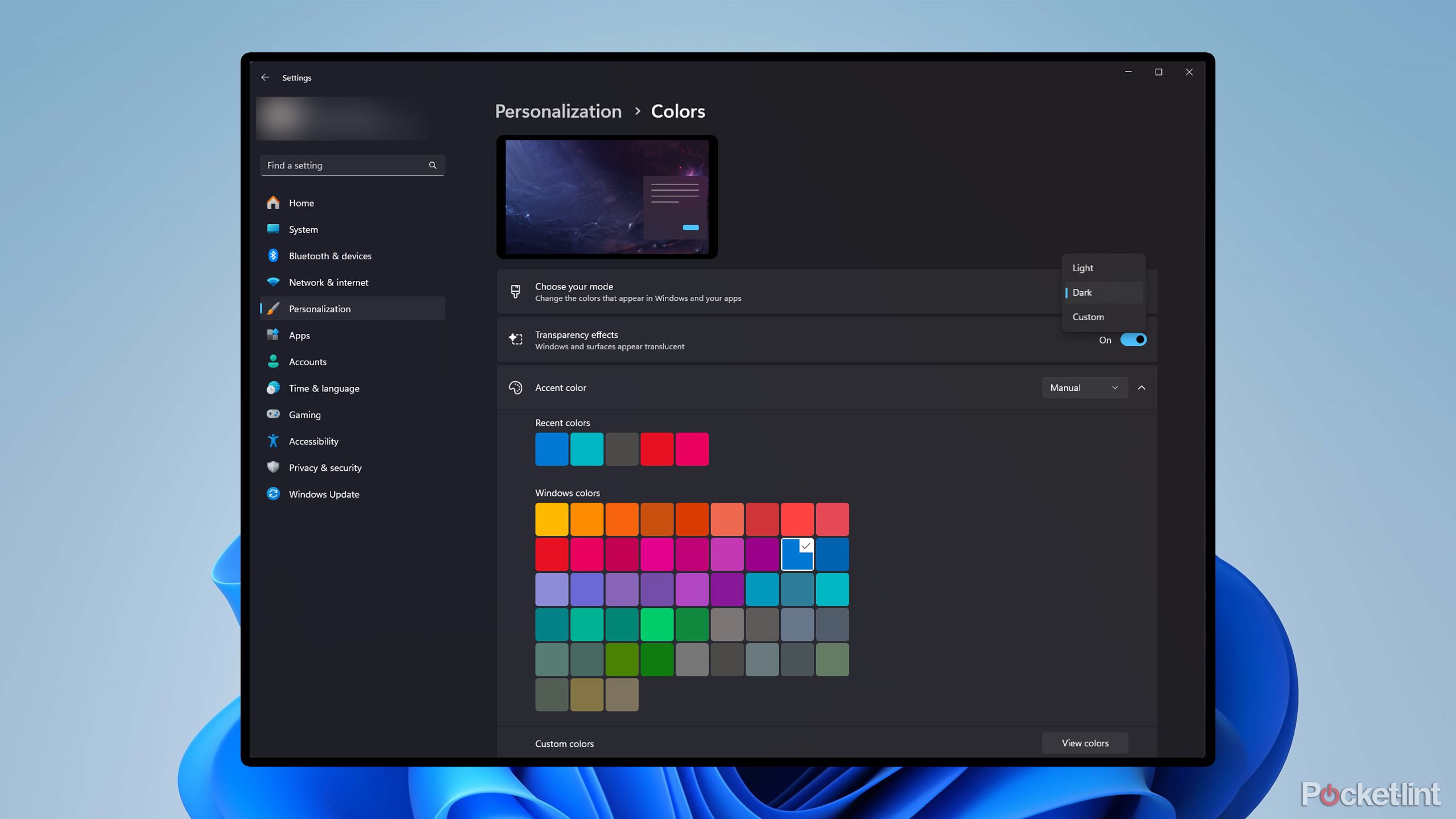 Windows 11 color options.