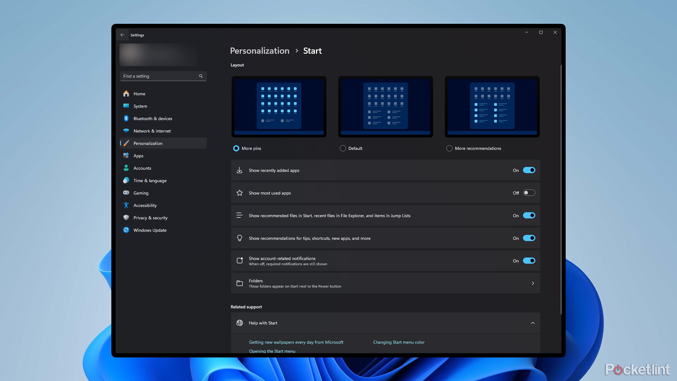 Windows 11 Start menu options.