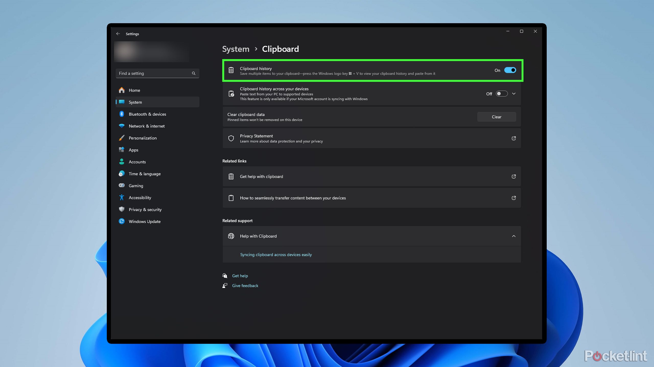 Windows 11 Clipboard history setting.