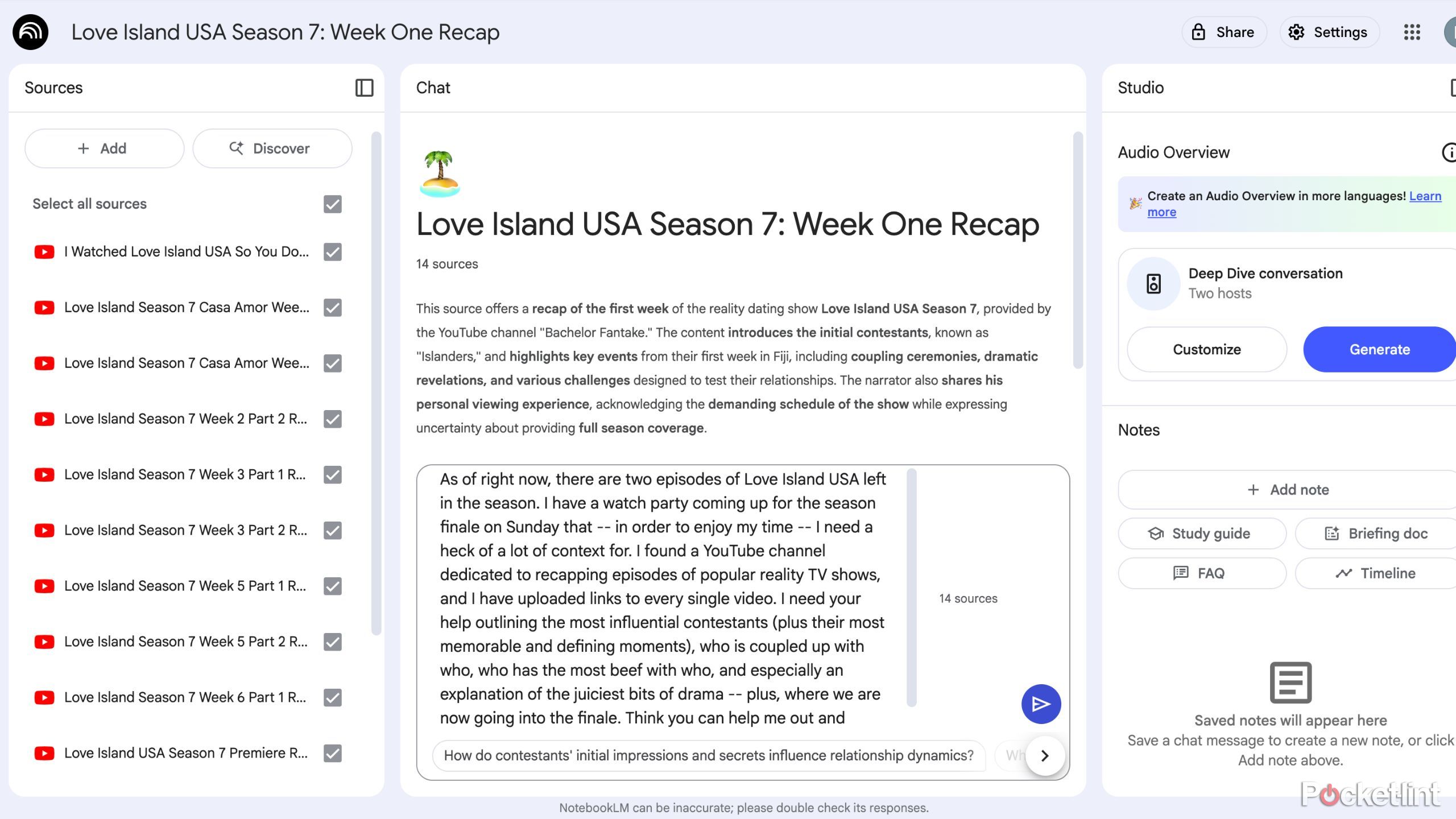 NotebookLM Love Island USA season 7 recap. 