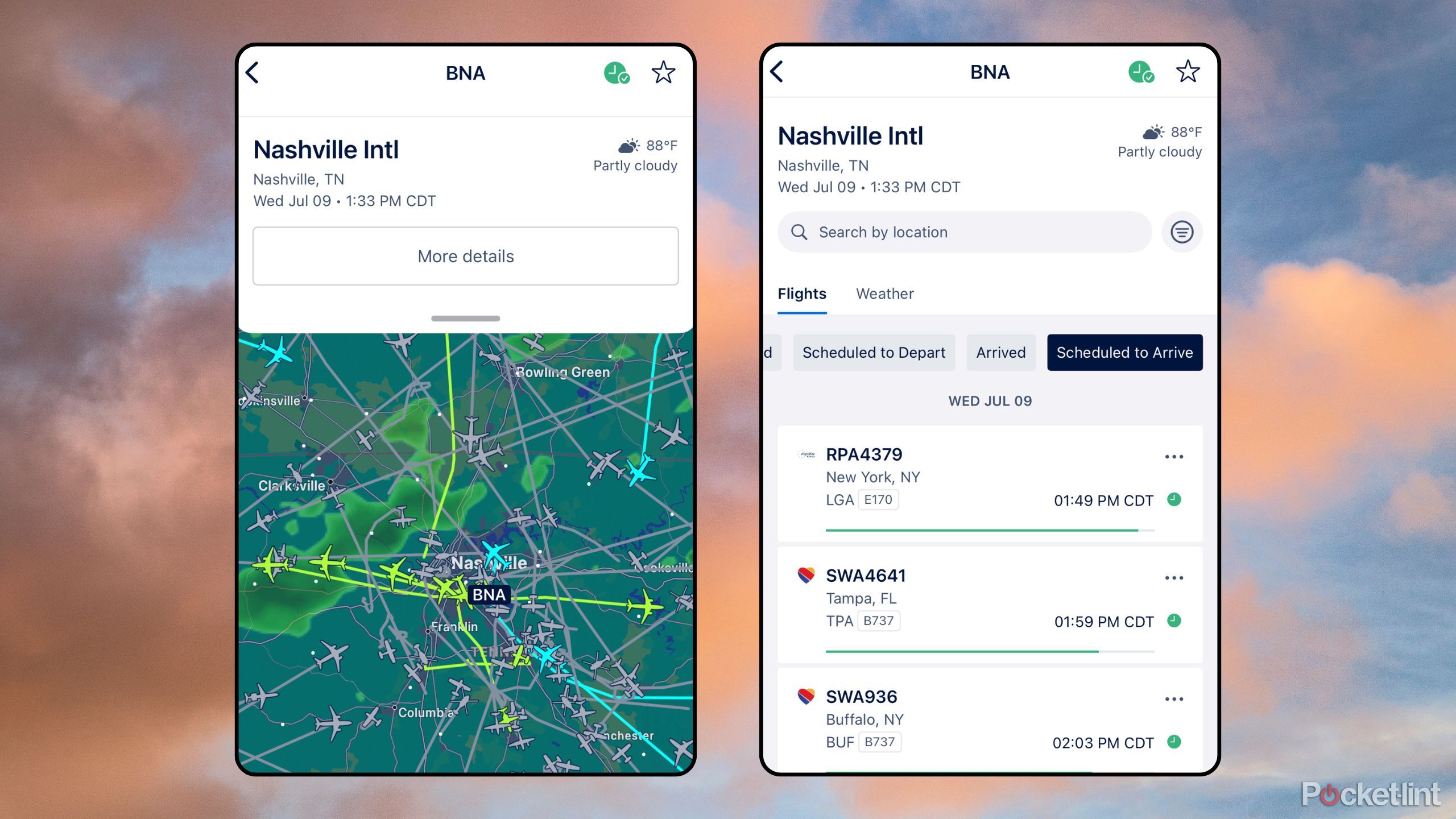 Two screenshots from FlightAware - Nashville. 