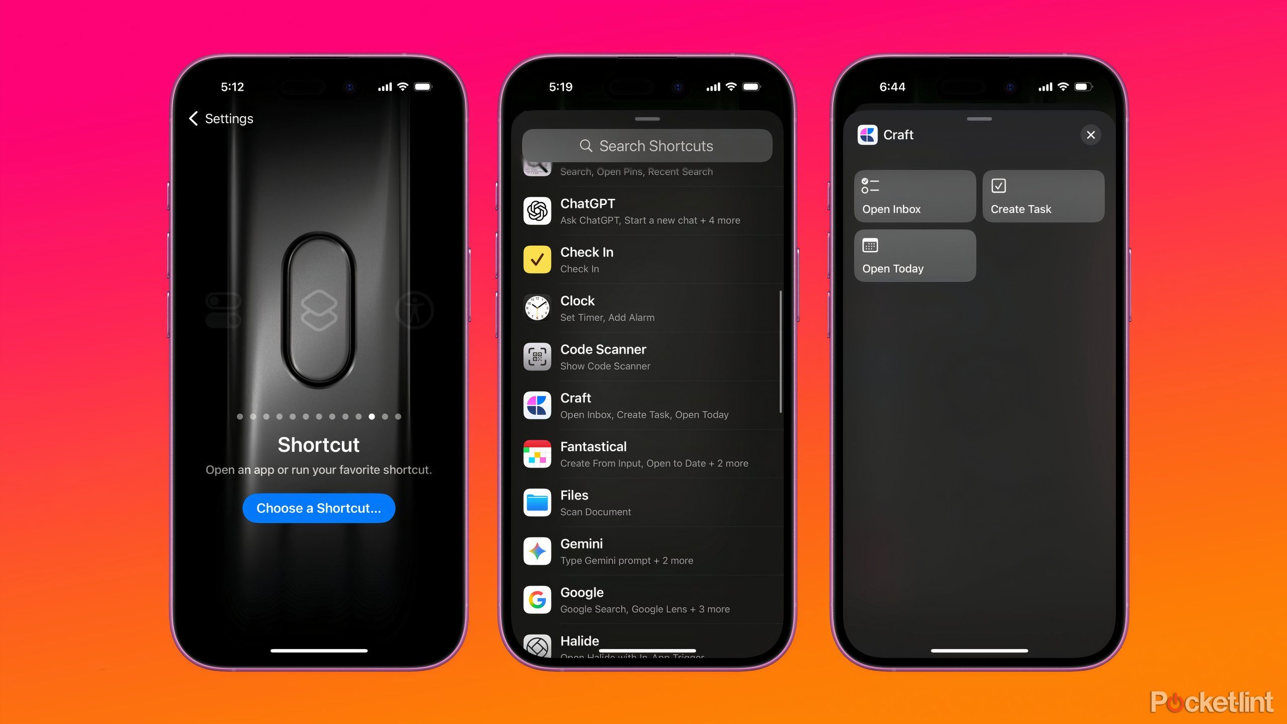 Three screenshots of the Action Button menu, apps with shortcuts, and the Craft shortcuts.