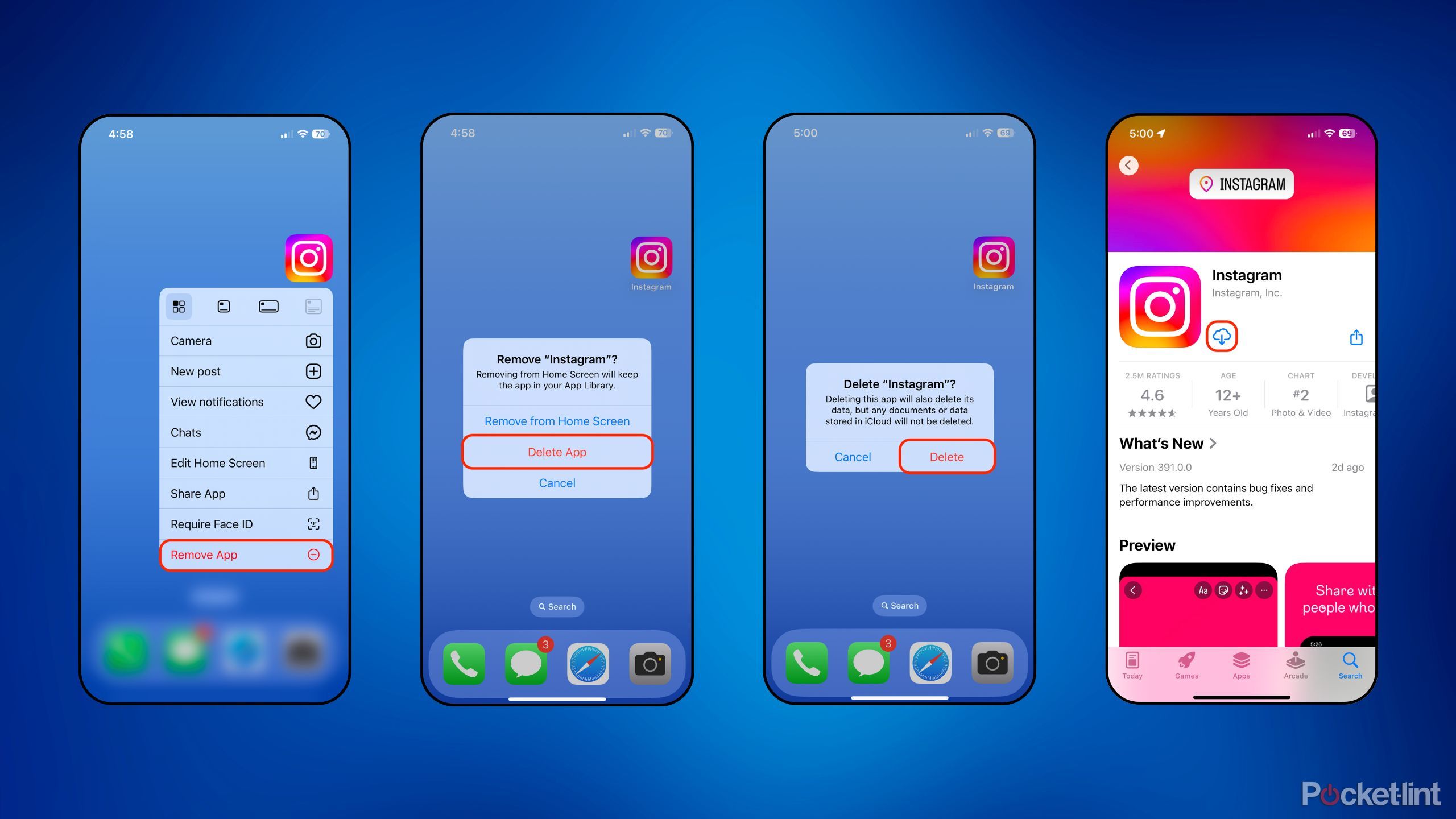 Delete and redownload Instagram app iPhone screenshots