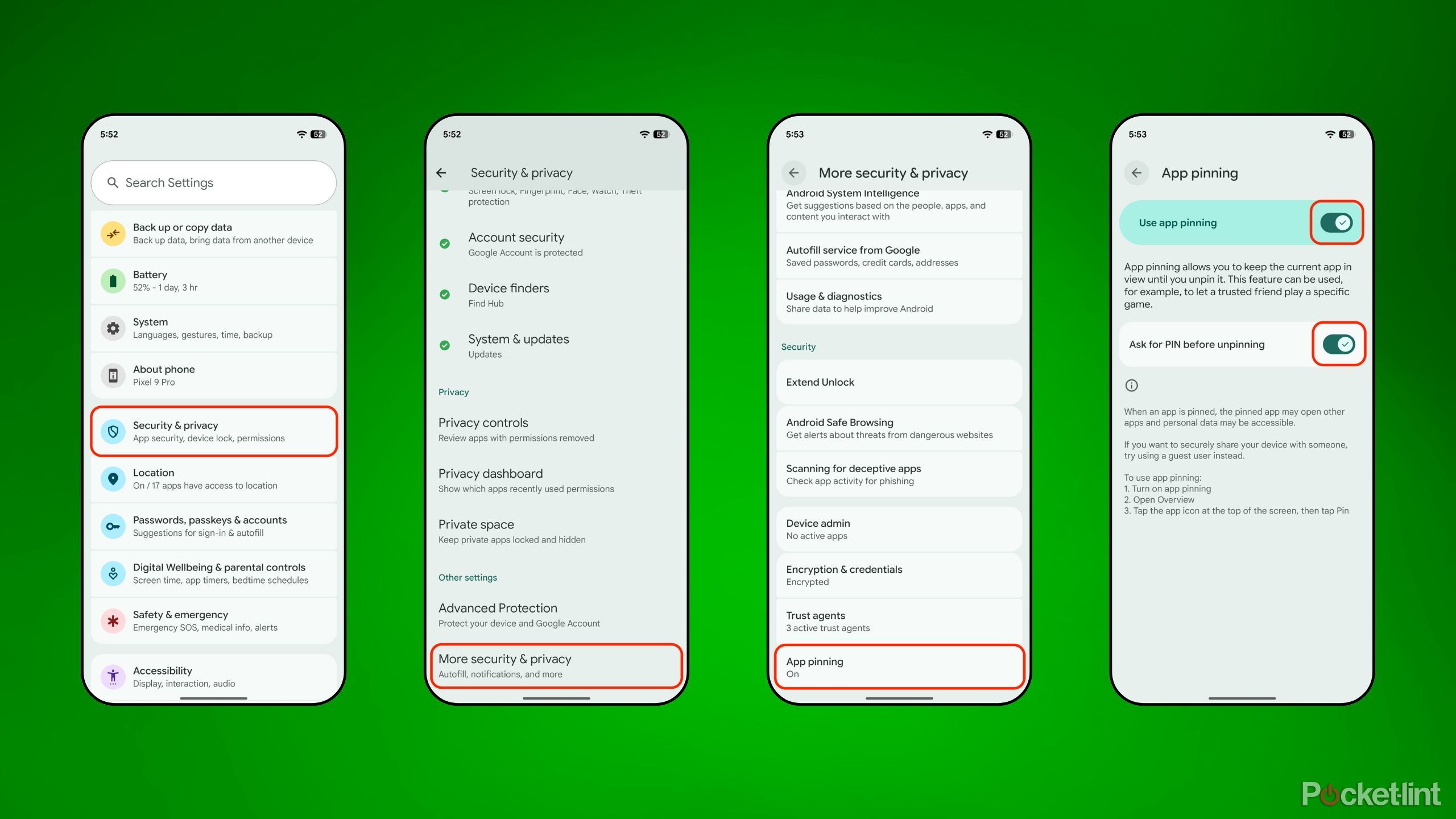 Enable app pinning Android screenshots