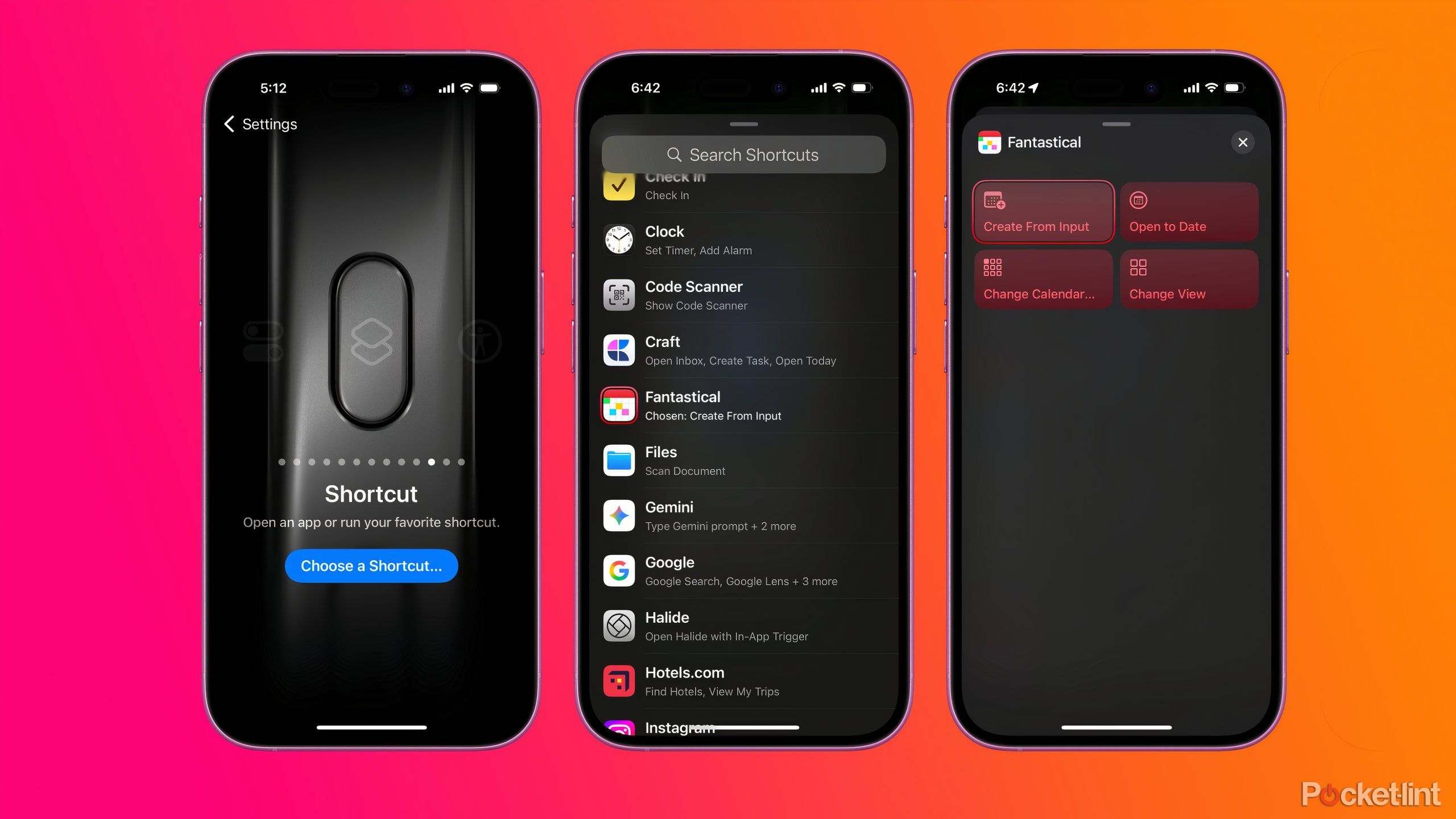 Three screenshots of the Action Button menu, apps with Shortcuts, and the Fantastical shortcuts.