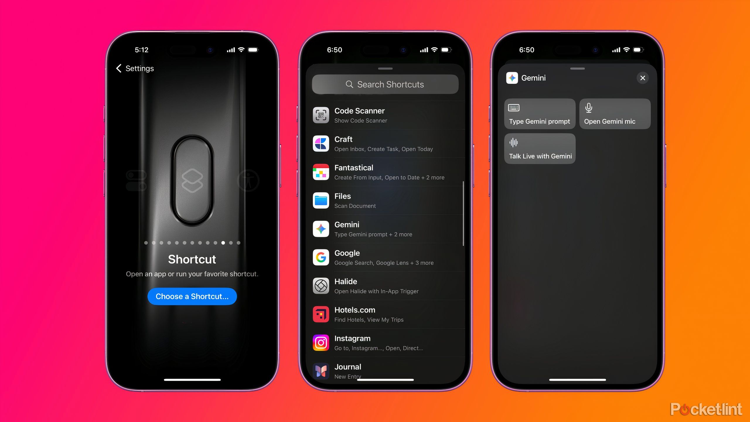 Three screenshots of the Action Button menu, apps with shortcuts, and Gemini shortcuts.