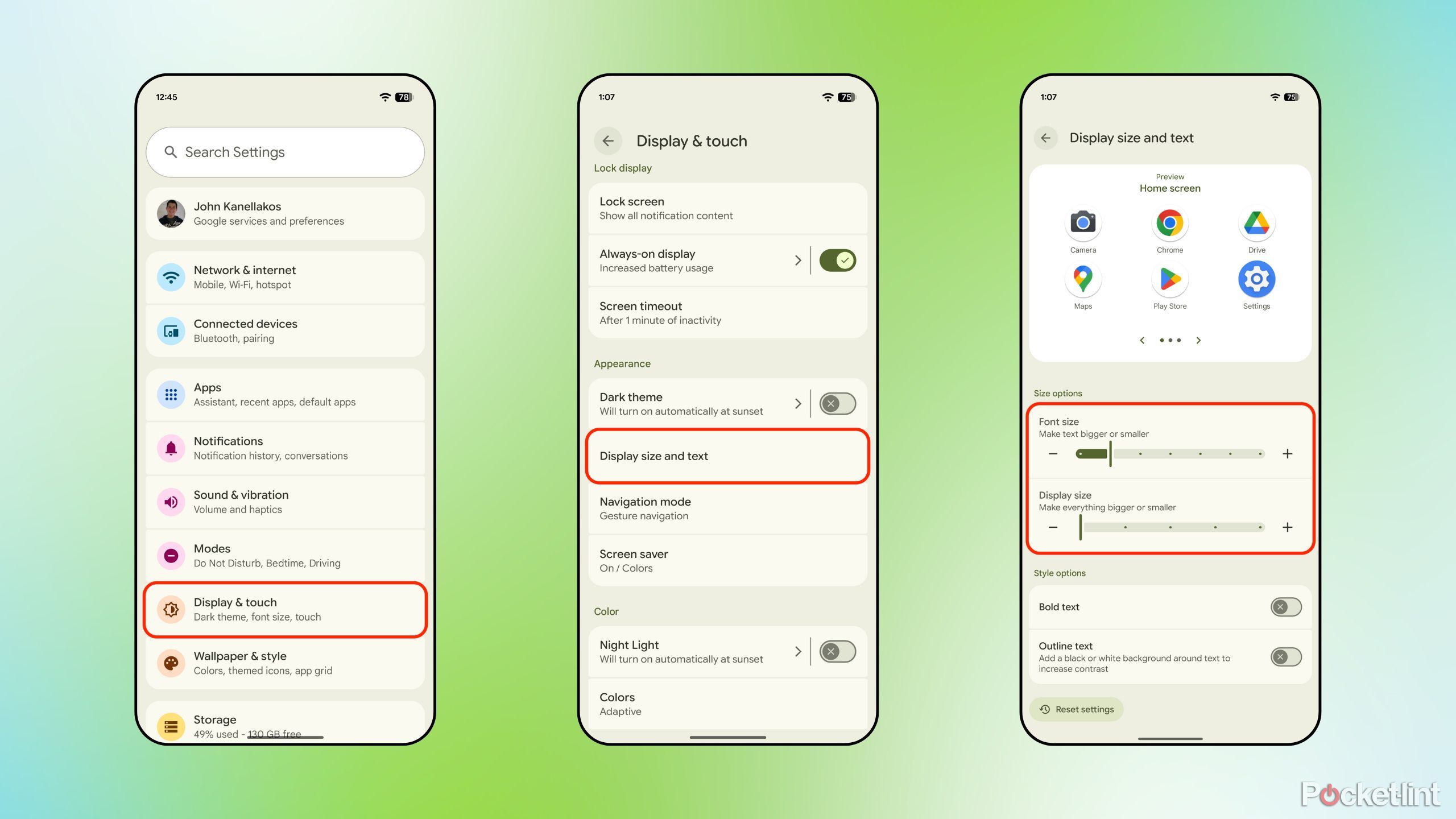 Google Pixel Display size and text screenshots