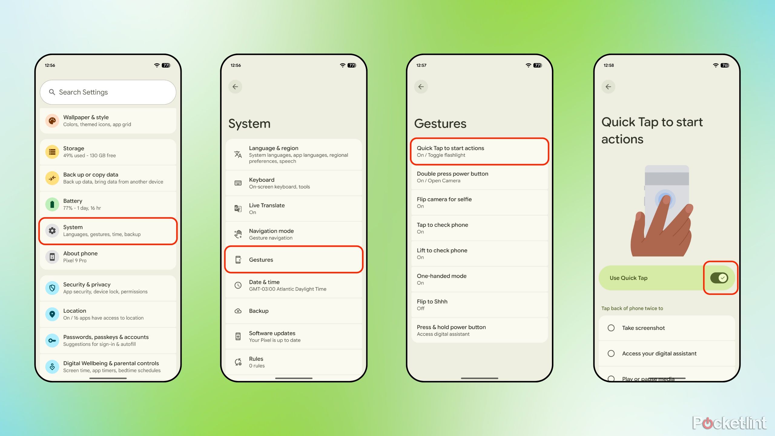 Google Pixel Quick Tap to start actions screenshots