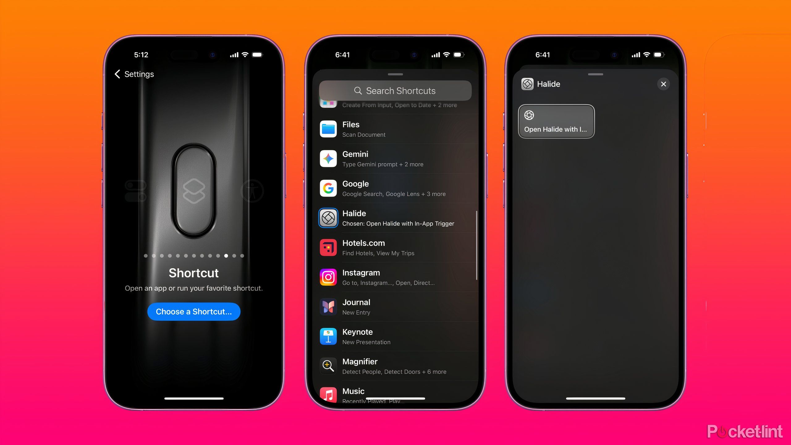Three screenshots of Action Button menu, apps that have Shortcuts, and the Halide shortcut.
