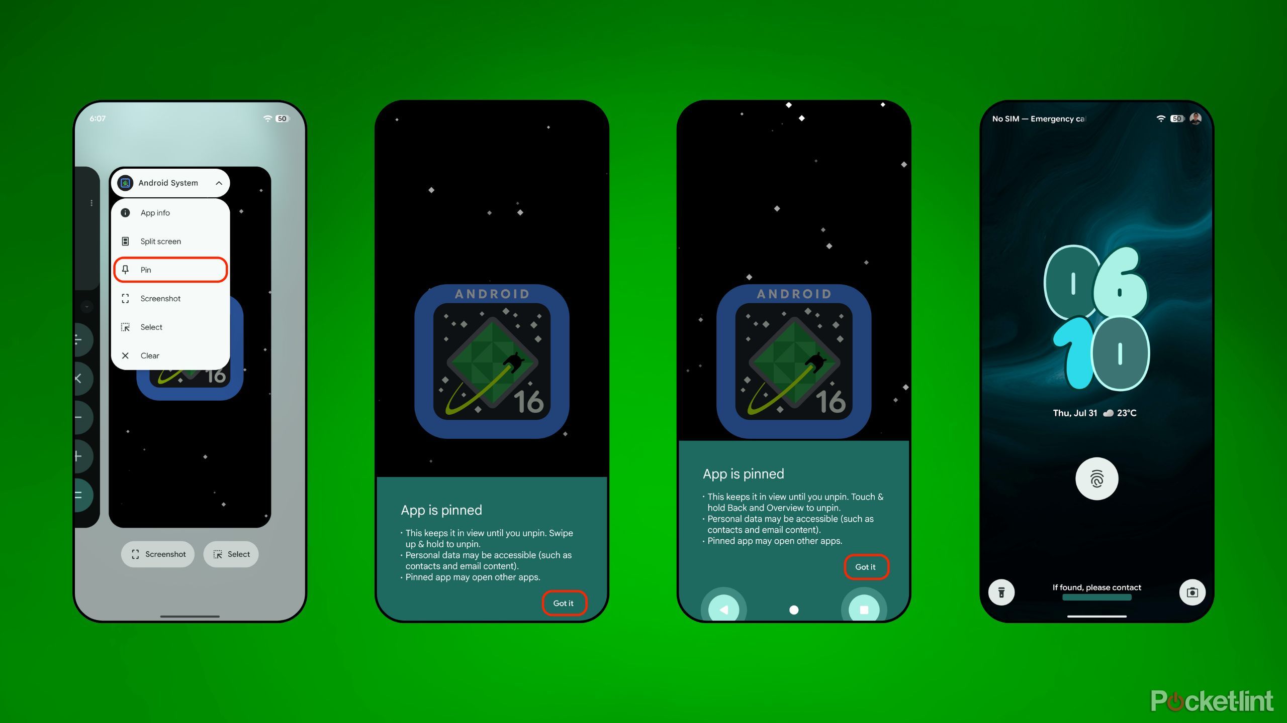 Invoke app pinning Android screenshots