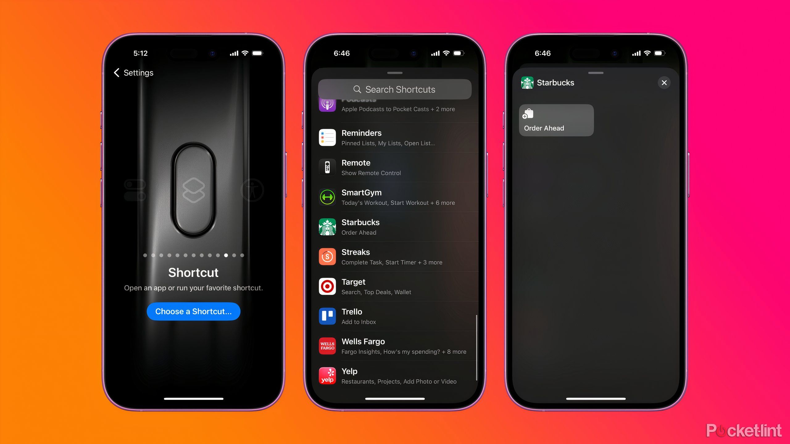 Three screenshots of the Action Button menu, apps with shortcuts, and the Starbucks shortcut.