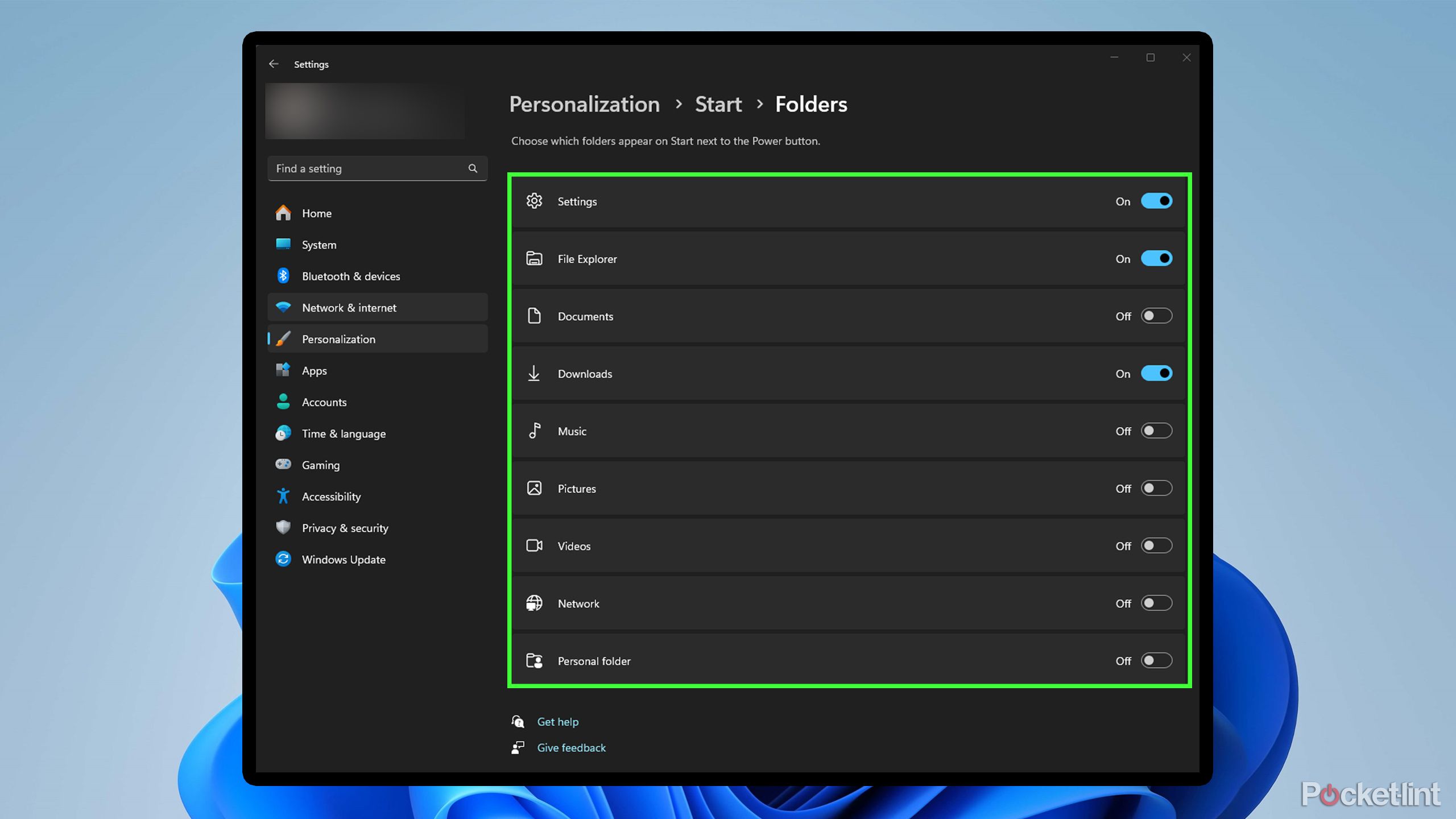 Start menu folder settings.