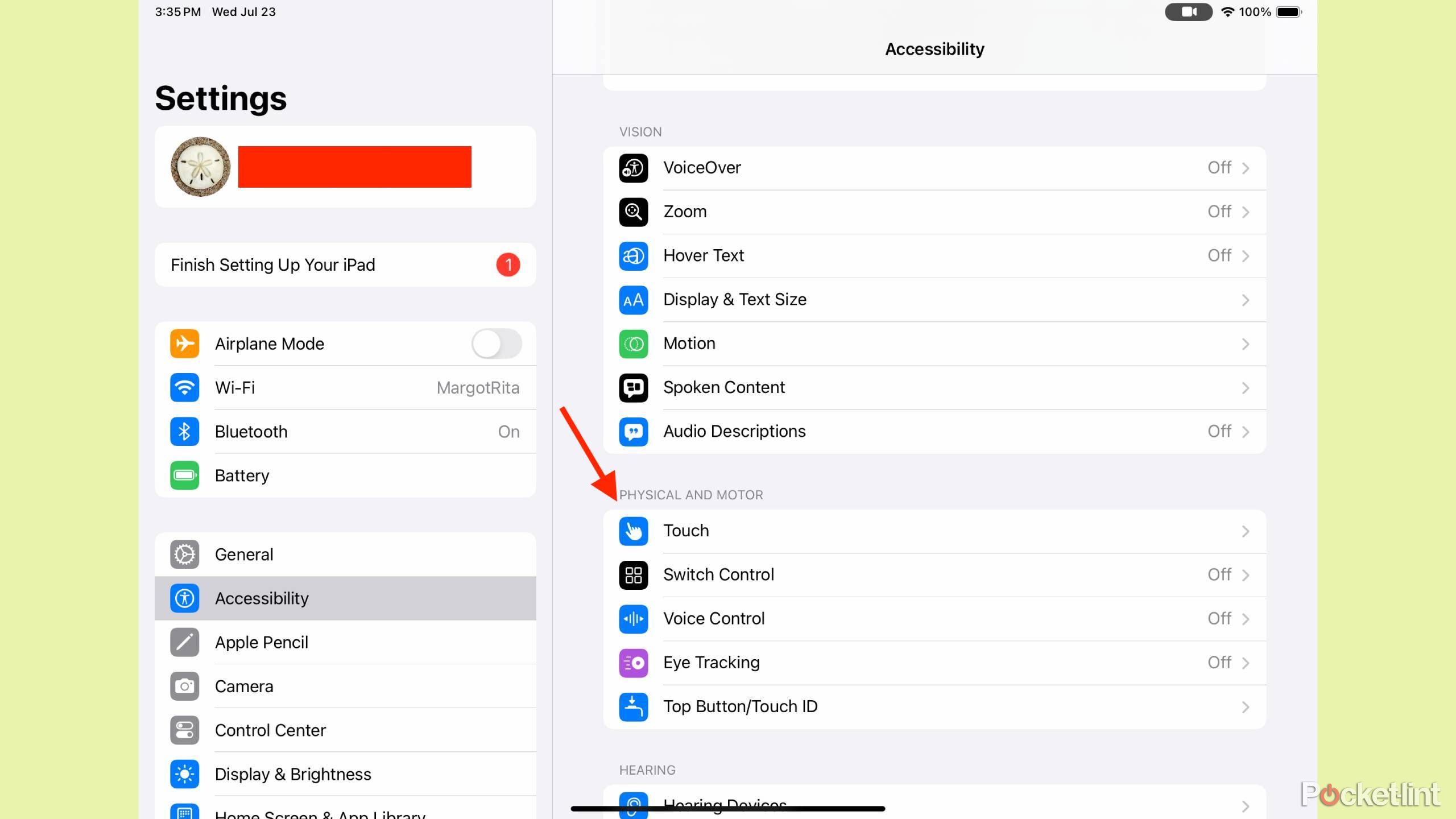 The iPadOS Settings Accessibility menu with Touch highlighted
