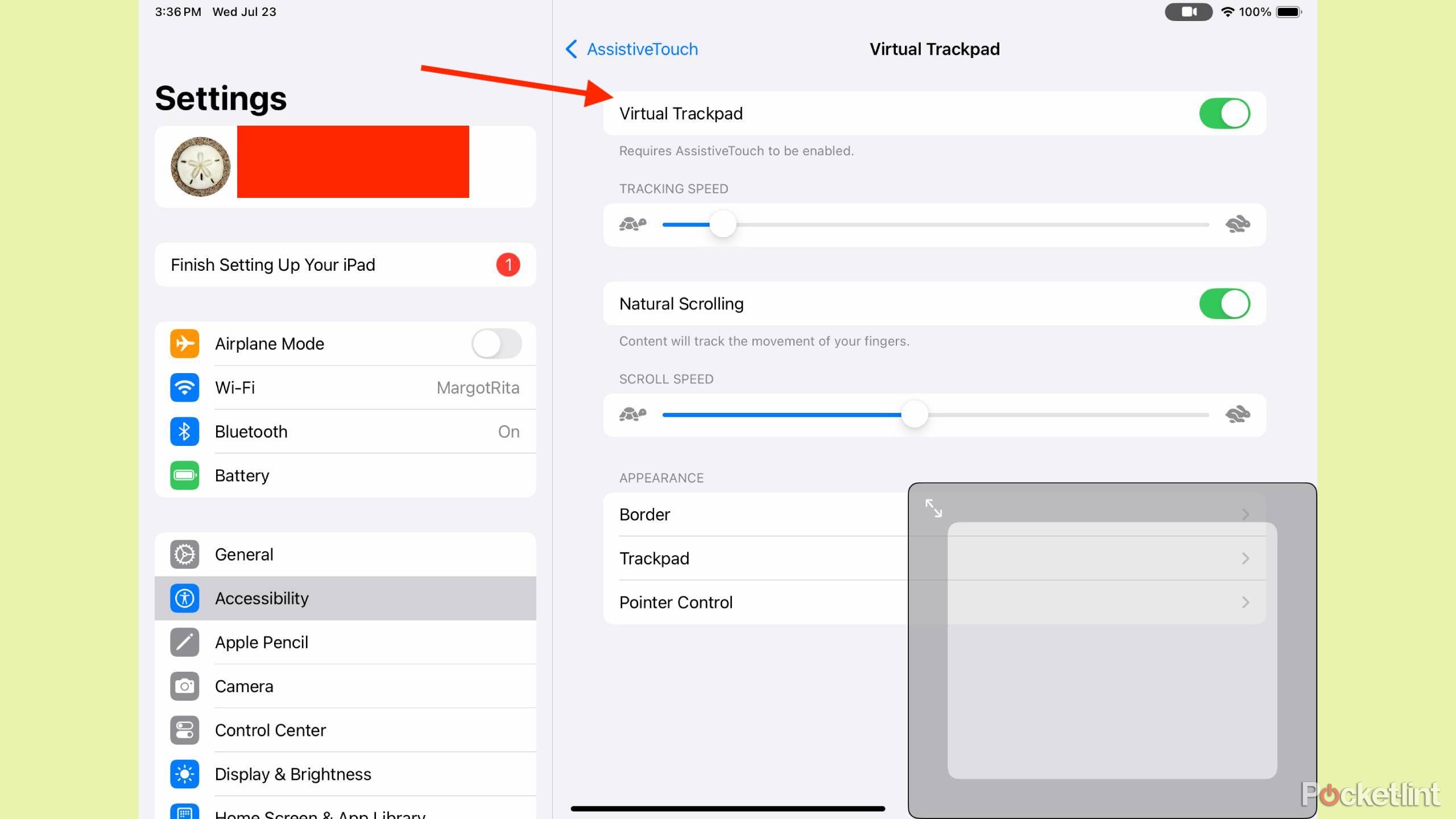 the virtual trackpad in the bottom right corner of an iPad