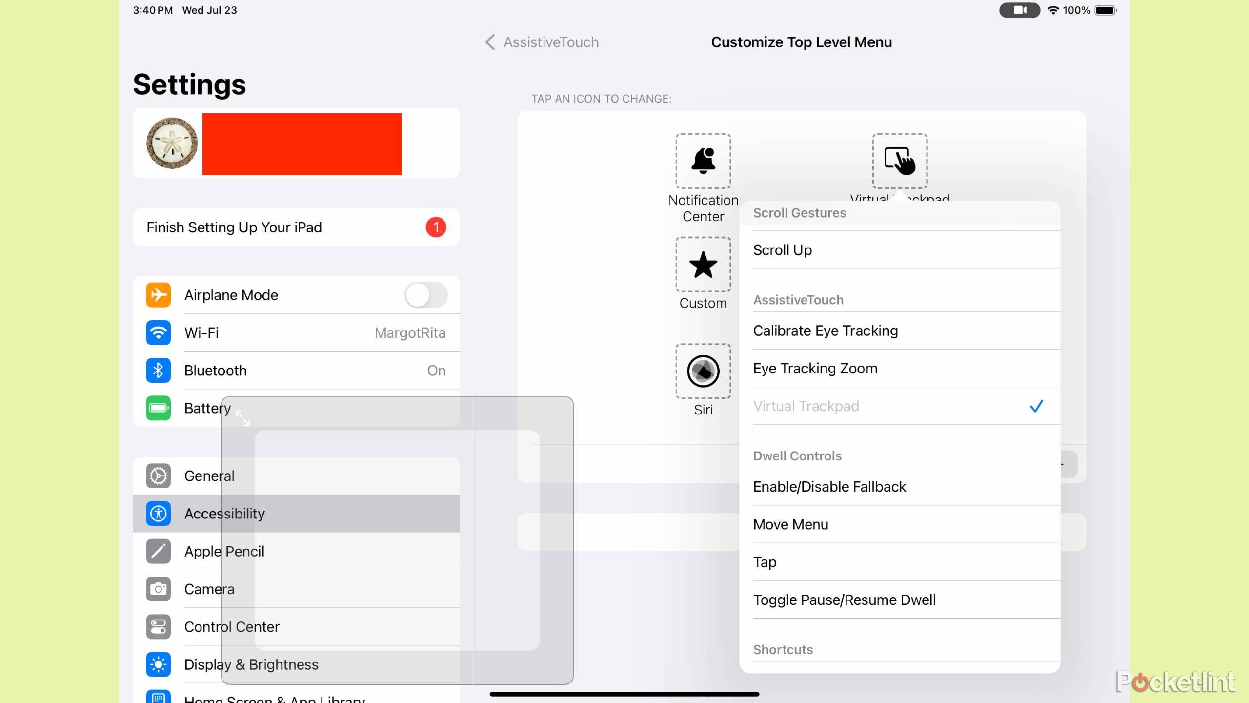 virtual trackpad in the iPadOS settings menu