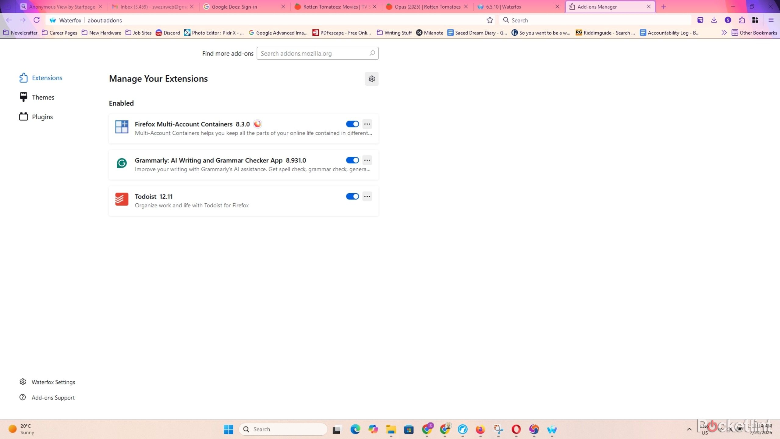 Waterfox extensions. 