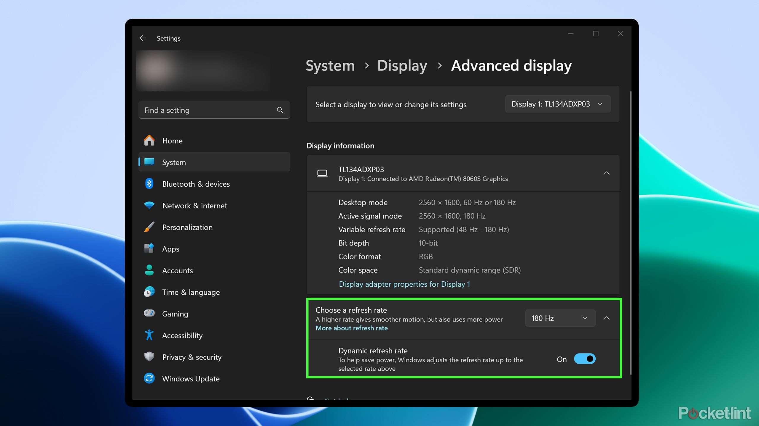 Windows 11 Refresh Rate setting.