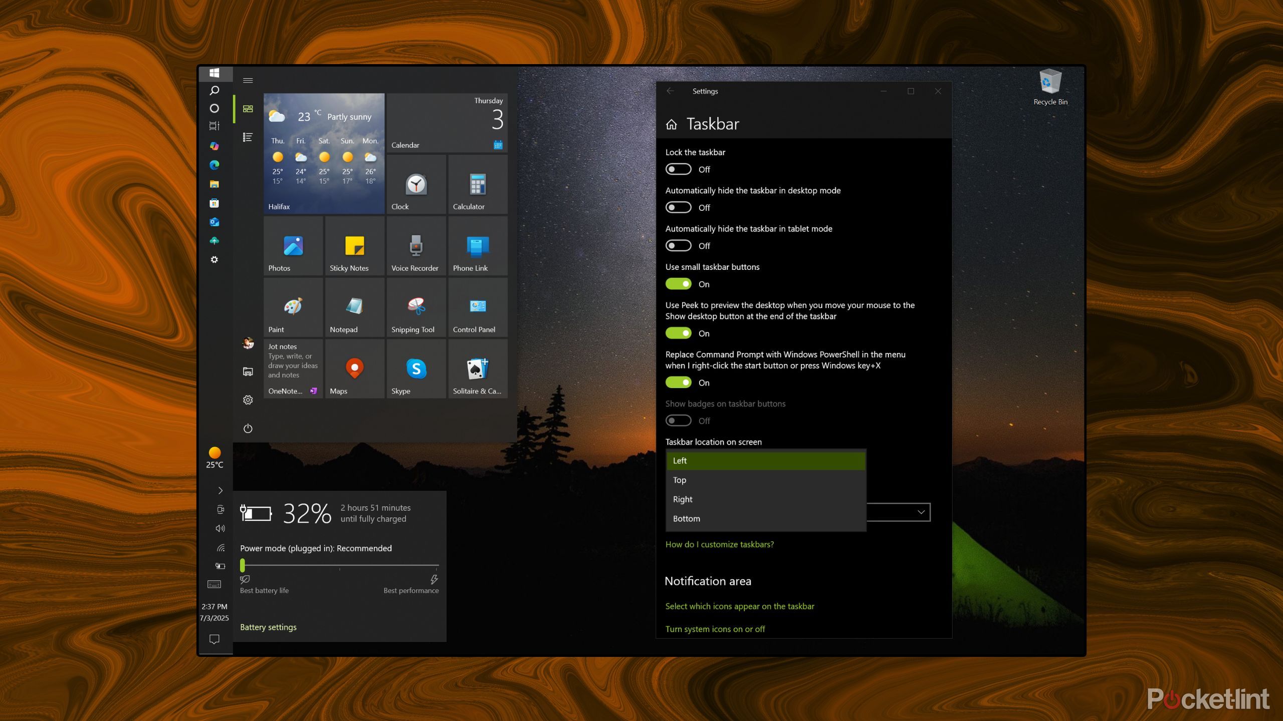 Windows 10 taskbar location on screen screenshot