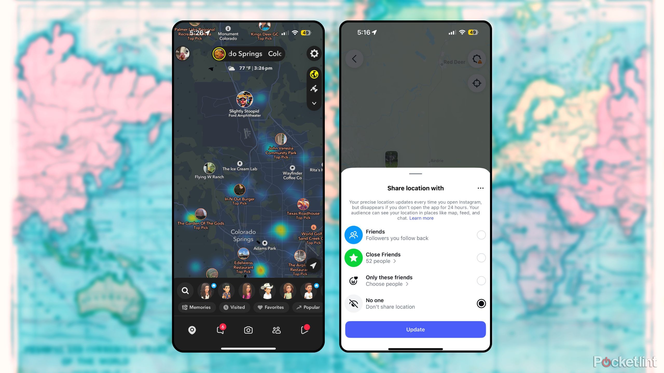 Snap Map and Instagram Map side by side. 