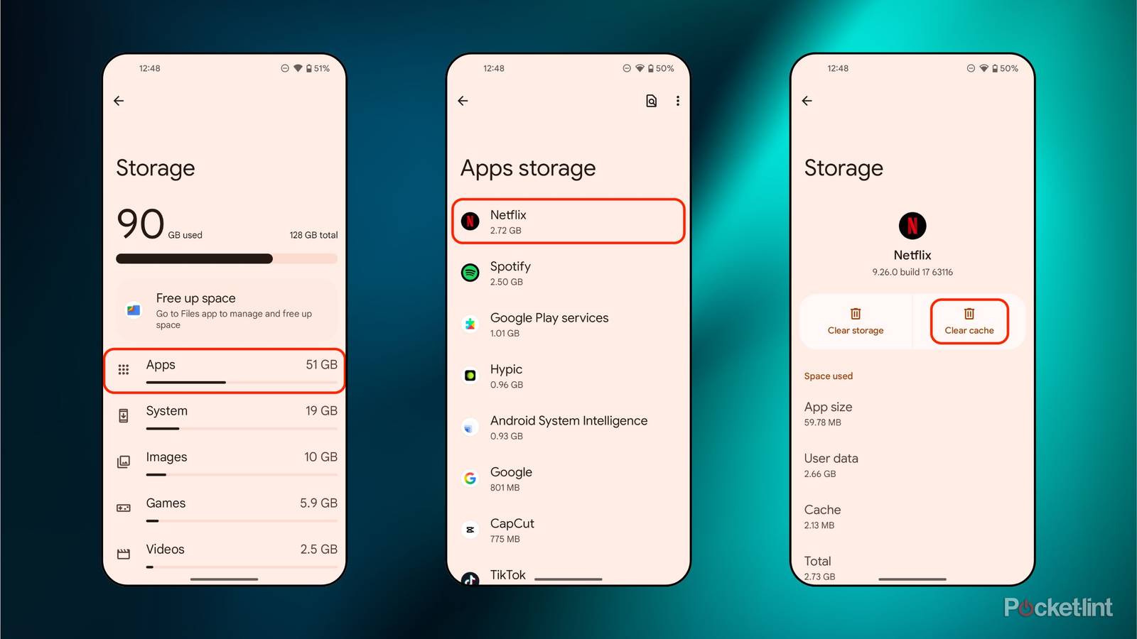 Android clearing cache files screenshots