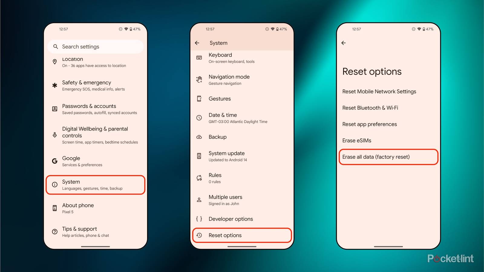 Android performing a factory reset screenshots