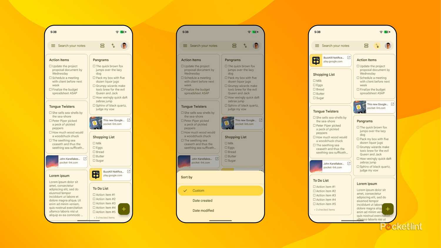 Google Keep sorting tool screenshots