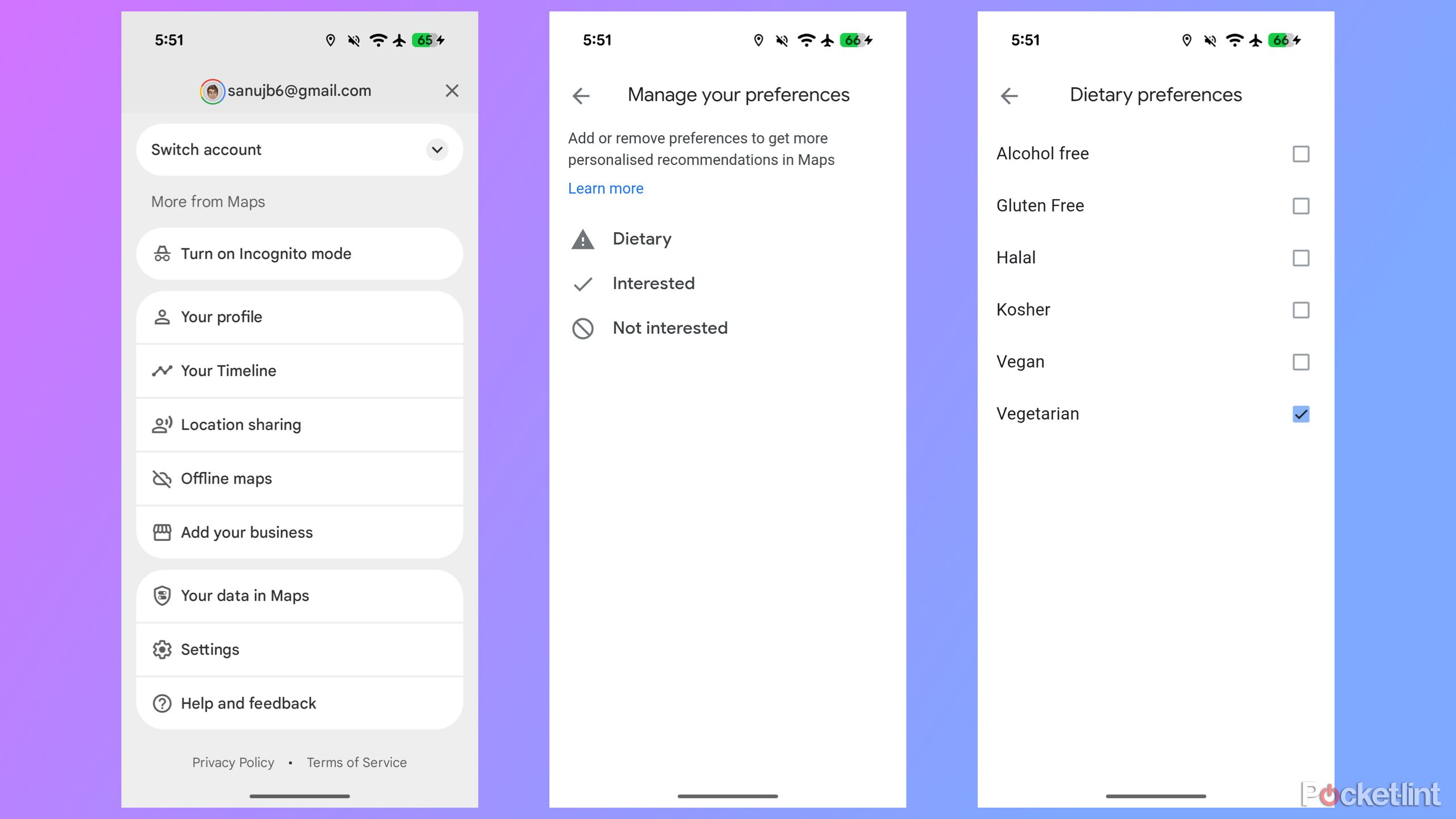 Setting dietary preferences in Google Maps
