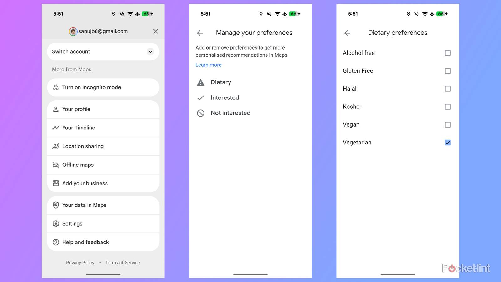 Setting dietary preferences in Google Maps