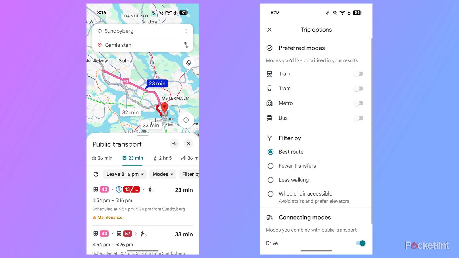Setting public transport preferences in Google Maps