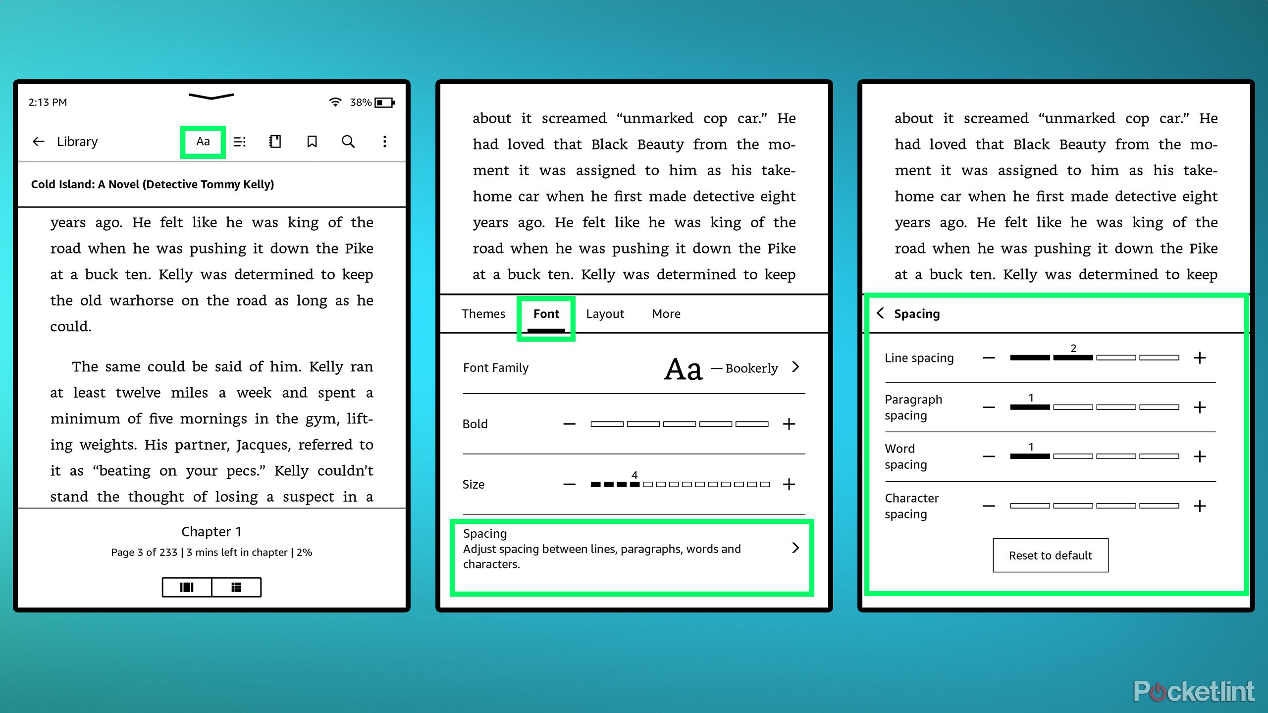 Kindle Spacing option steps.