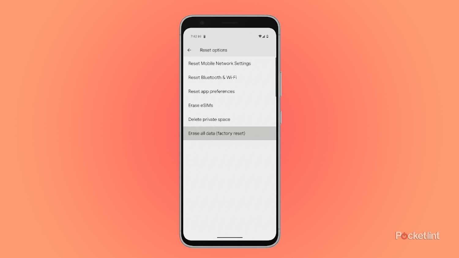 A screenshot of the factory reset screen in Android's Settings app.