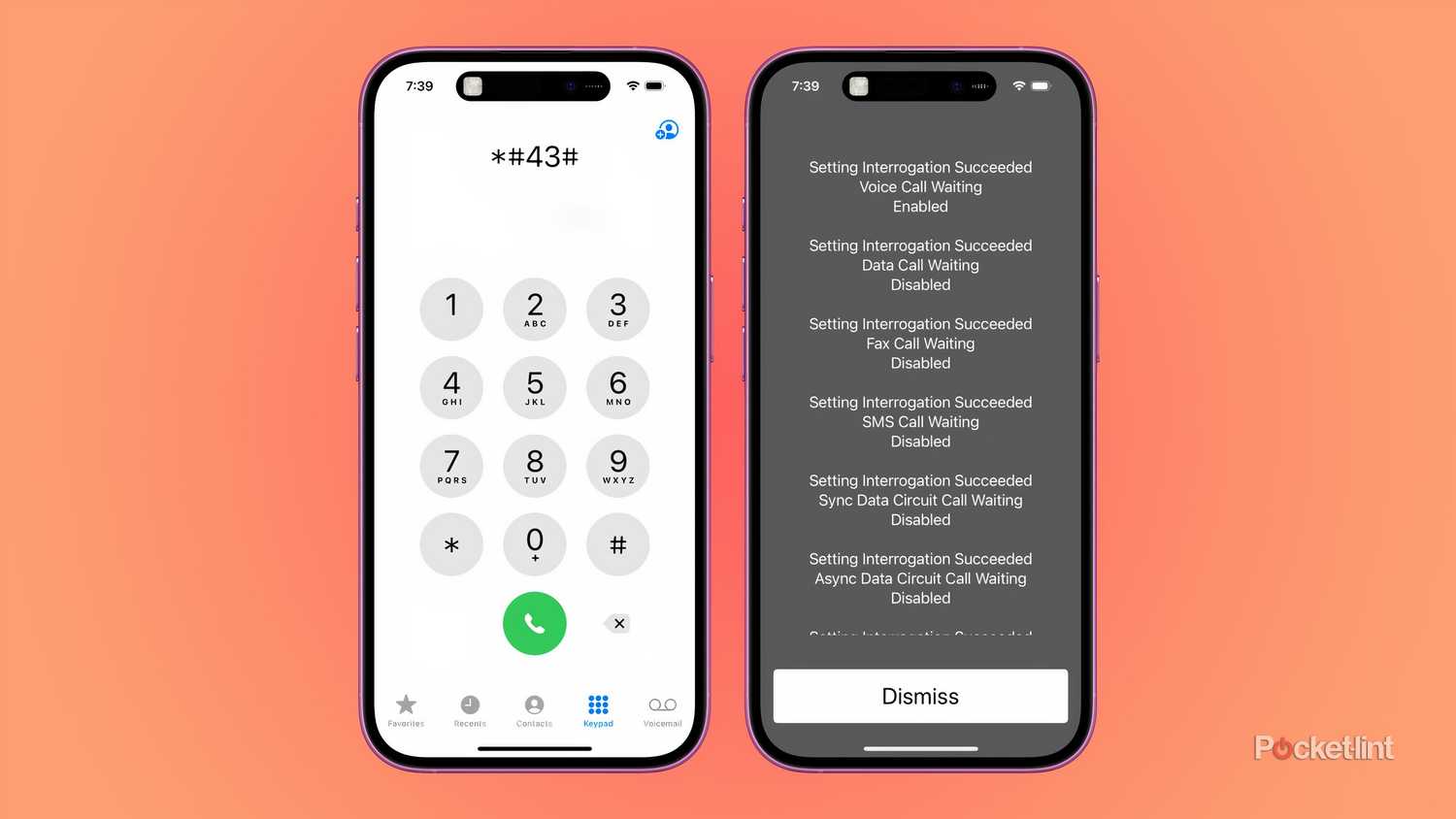 Two screenshots showing the iOS dialer and a text pop-up highlighting what call waiting features are enabled.