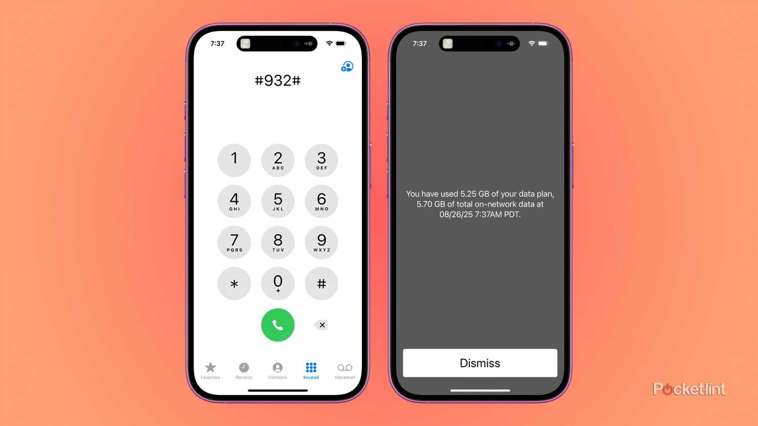 Two screenshots showing the iOS dialer and a text pop-up that says how much data has been used.