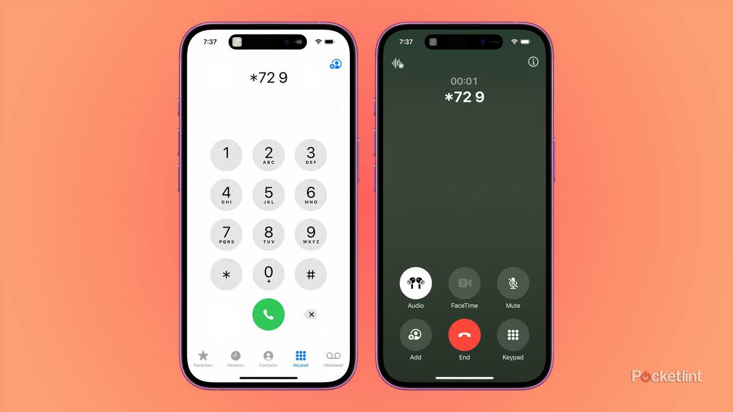 Two screenshots of the iOS dialer and a connected call.
