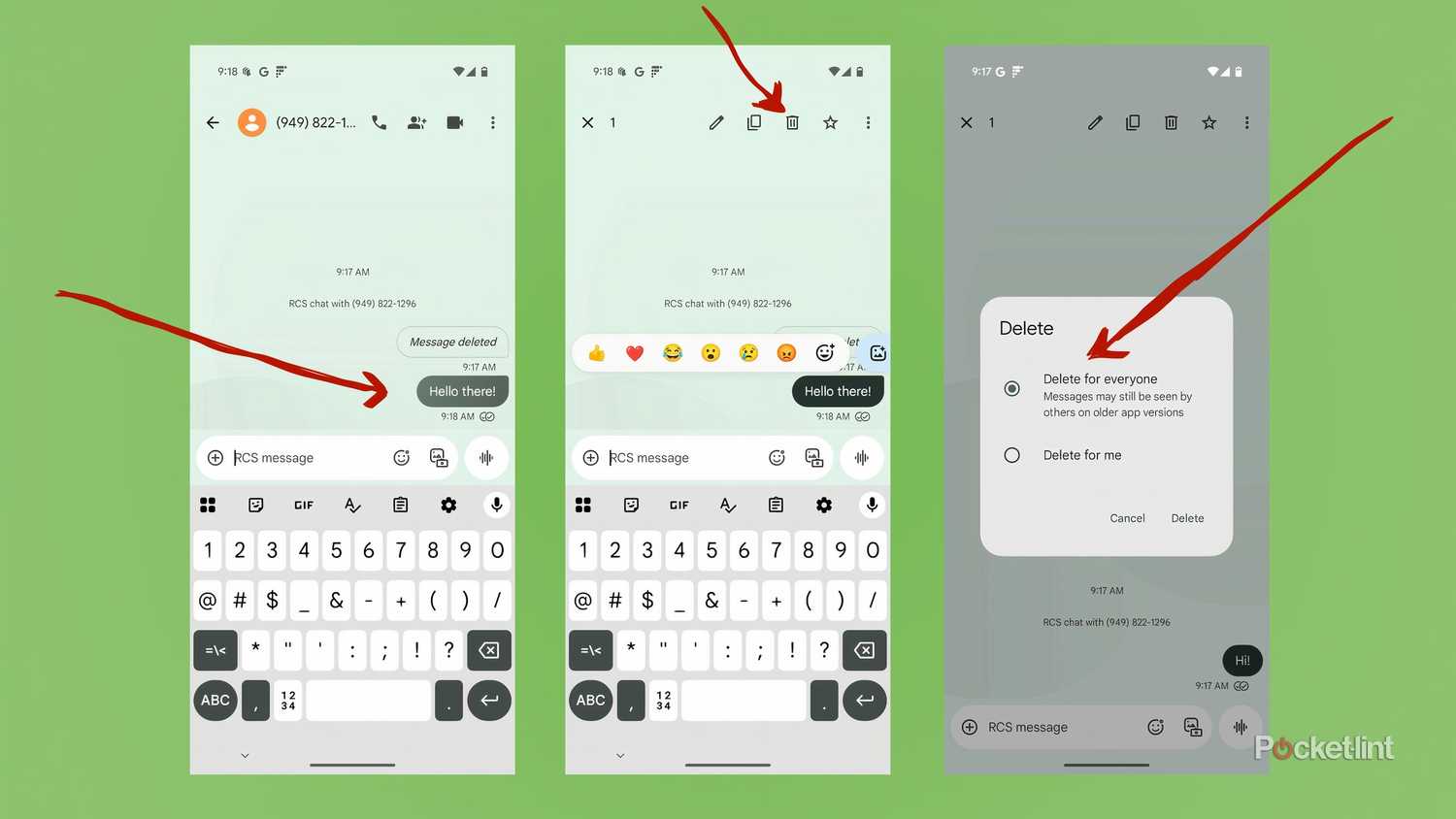 Three screenshots of the Google Messages app, showing how to long-press on a messages and unsend it.