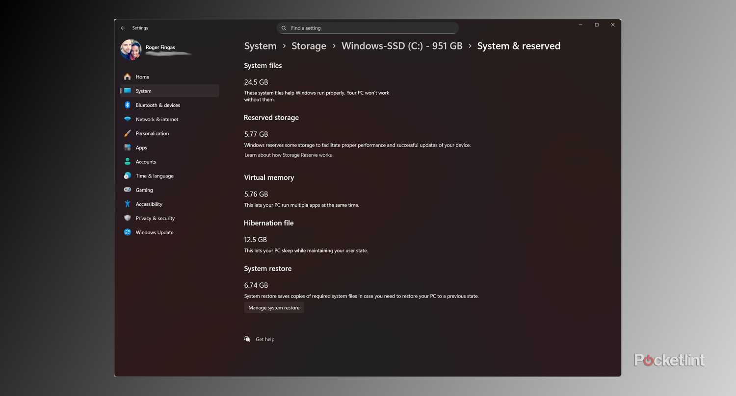 System and reserve storage in the Windows 11 Settings app.